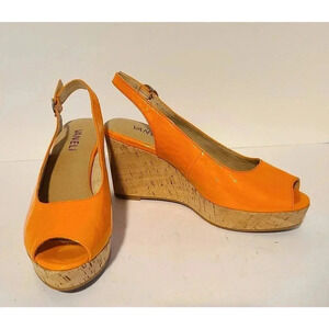 VAN ELI GARDY ORANGE PATENT LEATHER SLINGBACK SANDALS WEDGE HEELS SZ 6 NEW